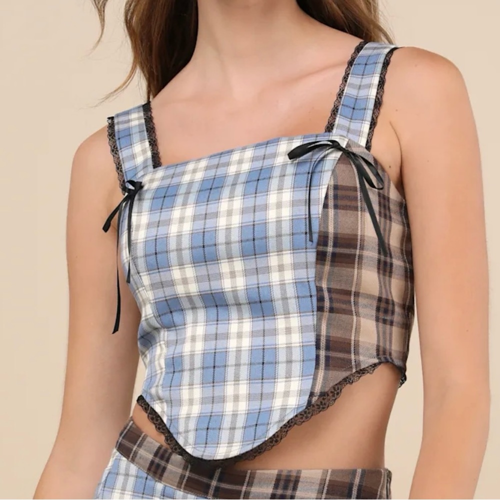 Lulus Plaid Cropped Bow grunge top medium NWT